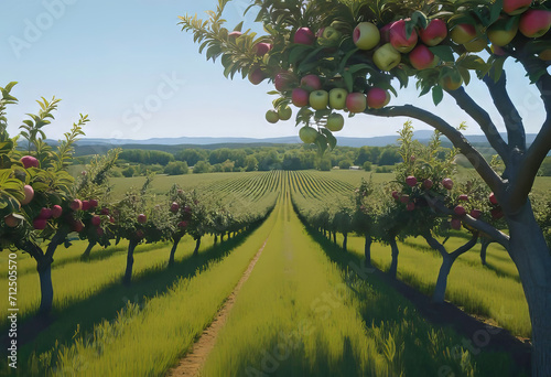 View of a fruitful apple orchard with trees and fruits. View of an agricultural field. Apple trees. Natural example of a farm with a green field. Sustainable agriculture.
