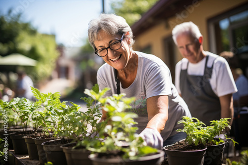 A wise elderly couple engaged in a meaningful volunteer project, dedicating their time and skills to make a positive impact on their community.