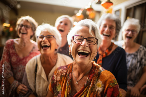 An enthusiastic group of seniors engaged in a laughter yoga session, highlighting the therapeutic benefits of joy and positive energy in their lives.