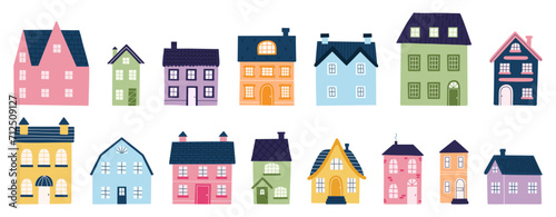 Set cozy house in scandinavian style. Colorful flat residential houses. Cute hand drawn vector illustration