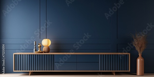 Living room wall mockup with cabinet on dark blue background, ing.