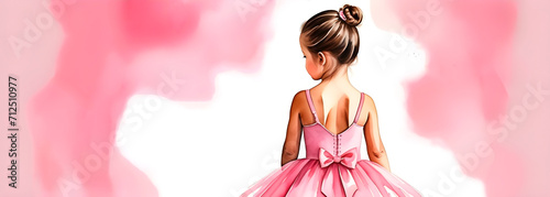 Back view of a little girl in a ballet outfit against a pink background. Watercolor painting style. Banner format. Copy space.