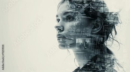 a women fading into a collage of corporate buildings.