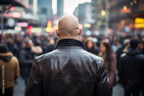 Back view of skinhead neo-nazi with shaved heads and leather jacket in street