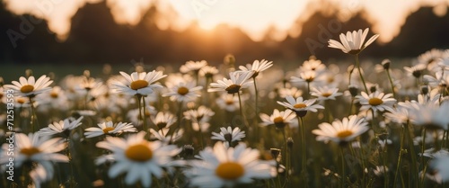 The landscape of white daisy blooms in a field, with the focus on the setting sun. The grassy meadow