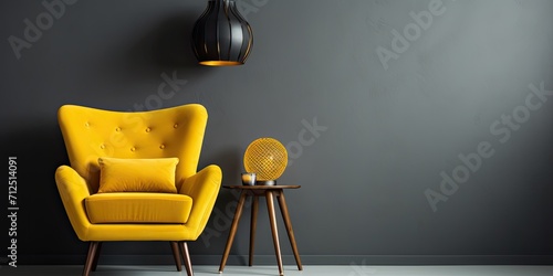 Bright yellow chair on dark gray wall, stylish and fashionable interior.