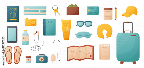 traveling item collection, tourism stuff, elements for travel, vacation, tourist objects, luggage, suitcase, map, passport, sunglasses, wallet, ticket, phone and more, cartoon vector illustration