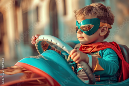 Cute little boy dressed in a superhero costume sitting in a little vehicle