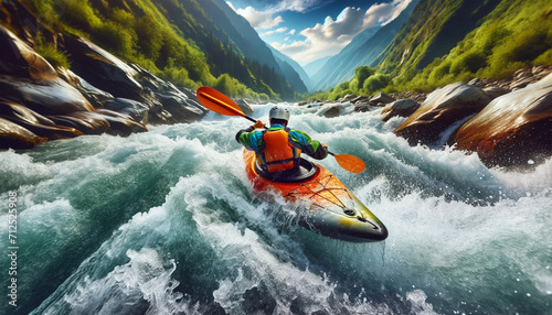 kayaking down a white water rapid river in the mountains