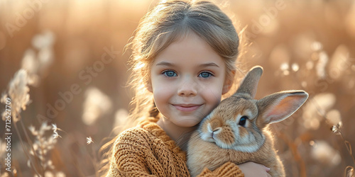 Lovely girl with companion animal, bunny rabbit, cat, dog. Generative AI