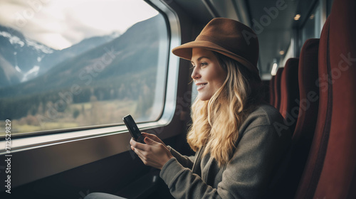 Caucasian woman playing mobile phone in train.