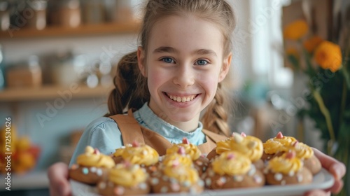 Adolescent with a joyful grin, clutching a dish of recently prepared Easter pastries
