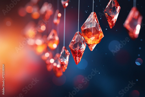 Warm coloured crystals and drops floating in a straight line 