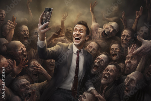smiling politician taking a selfie of himself over starved population, government domination