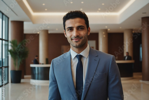 young age middle eastern businessman standing in modern hotel lobby
