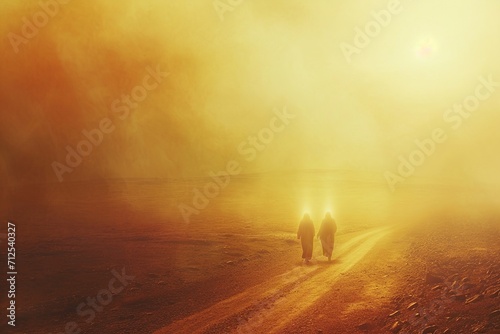 Road to Emmaus: Biblical Scene with Subtle Glowing Jesus
