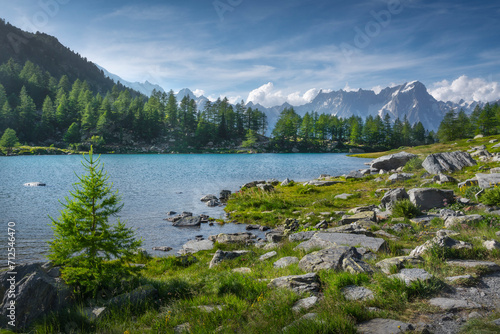 The Arpy Lake and the Mont Blanc massif in the background. Aosta Valley, Italy