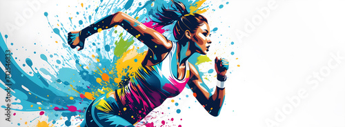 Running athletics sport woman colorful splash horizontal banner on white illustration with copy space