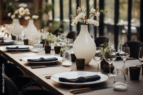 A modern laid restaurant table setting features a large white vase with orchids, black and gold accents, offering a contemporary vibe for promotional material of a modern eatery or event brochure