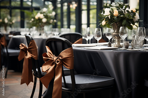 Black dressed tables with gold bows and white floral centerpieces set regal tone for sophisticated gala or upscale dining event, for editorial spreads in lifestyle magazines or event design portfolios