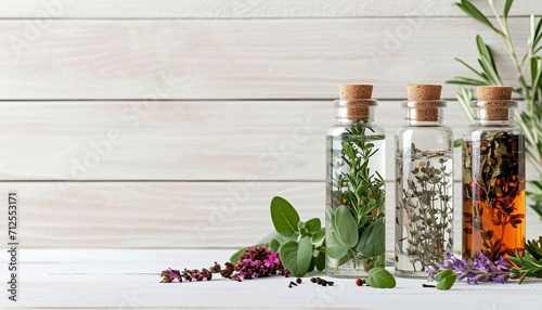 bottles with herbs inside on a light wooden background, leaves nearby, copy space, homeopathy 