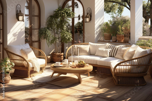 Comfortable rattan garden outdoor furniture on the terrace of a Mediterranean style home, soft tonal palette.