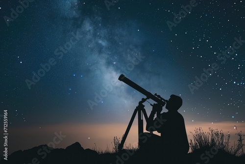 Astronomer stargazing through telescope at remote observatory.