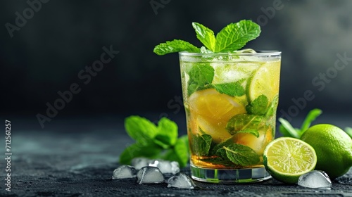  a glass of mojito tea with limes and mint on a dark background with ice cubes and mints.