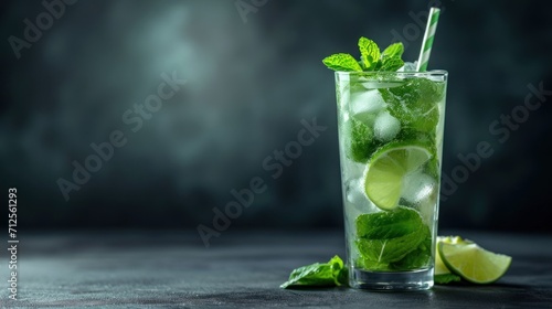  a glass of mojito with limes and mints on a black table with a dark back ground.