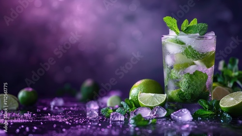  a glass of mojito with limes and mints on a purple and purple background with a splash of water.