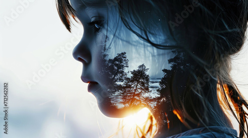 Little girl profile with imaginary world, dreams in her head, double exposure