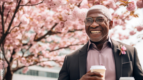 Modern happy elderly smiling dark-skinned African man with a cup of coffee against the backdrop of pink cherry blossoms and metropolis city.