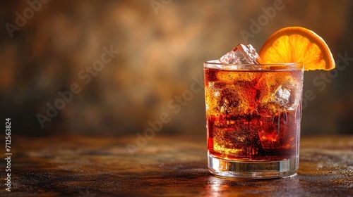  a close up of a glass of ice and an orange slice on a table with a brown wall in the background.