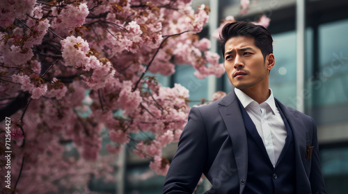 Modern happy young smiling Asian business man on the background of pink cherry blossoms and metropolis city.