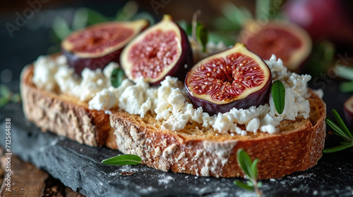A piece of fried sourdough bread with ricotta cheese and figs, beautifully presented. French cuisine. Unusual background.