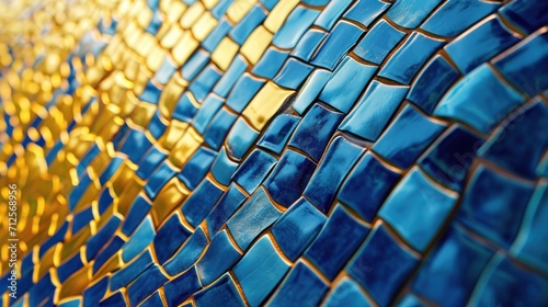 a close up view of a blue and yellow mosaic tile design on the wall of a building in a city.