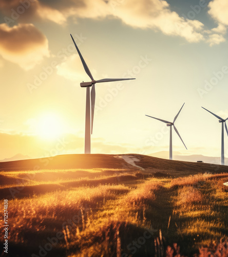 Green energy concept banner design with wind turbines landscape at sunset. Renewable solar and wind energy.
