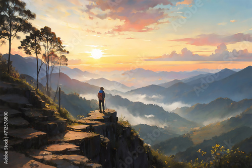 a person standing in a clef of a mountain enjoying the sunset view