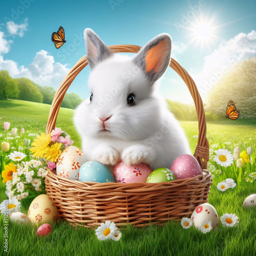 Adorable lapin blanc, drôle avec des œufs en chocolat dans un panier , peint et coloré pour les fêtes de paques image idéale pour illustrer et célébrer paques