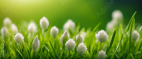 Primavera in Fiore- Design Banner con Erba Fresca e Fiori su sfondo verde
