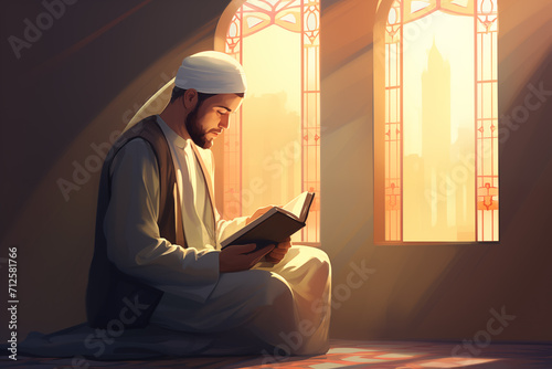 Muslim Man Reciting Quran During the Peaceful Moments of Ramadan. Generative AI