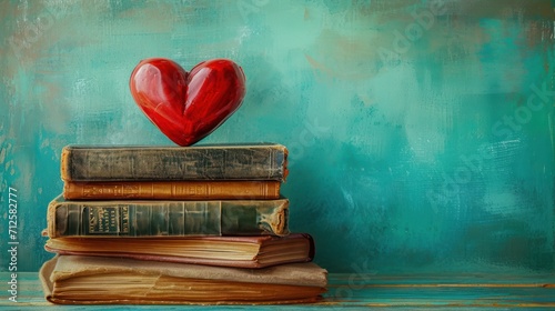  a painting of a stack of books with a red heart sitting on top of one of it's books.