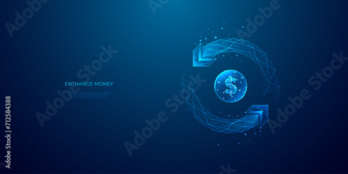 Abstract money exchange concept. Digital USD coin and reverse arrows. Money transfer and cashback metaphors. Light blue polygonal vector illustration on technology background. Return and Currency.