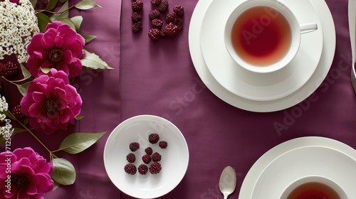  a cup of tea next to a plate of raspberries and a bowl of raspberries on a purple table cloth.