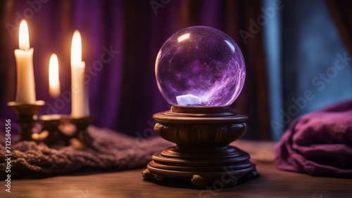 crystal ball on a table A mystical and ancient crystal ball with a carved wooden stand, a purple cloth, and a candle. 