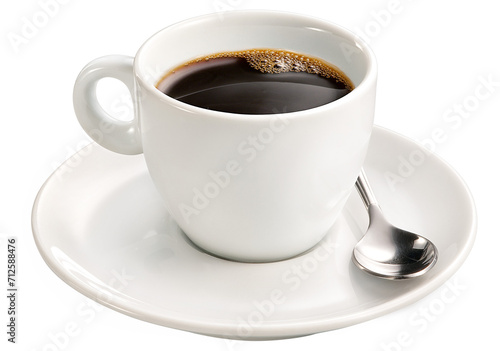 xícara com café expresso quente acompanhado de colher isolado em fundo transparente