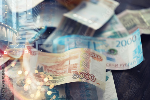 Russian money. Different denomination of bills. Finance concept. Double exposure city.