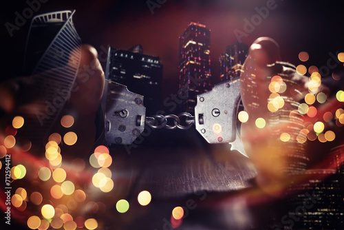 Double exposure of male hands locked in handcuffs with city landscape background, with cross processing filter.