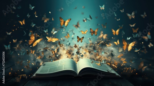 Opened book with flying butterflies on pages