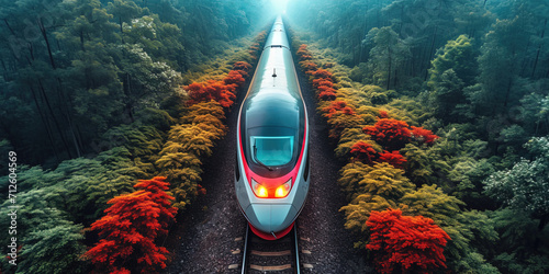 The high-speed train is driving at full speed thru the forest. AI-generated image 